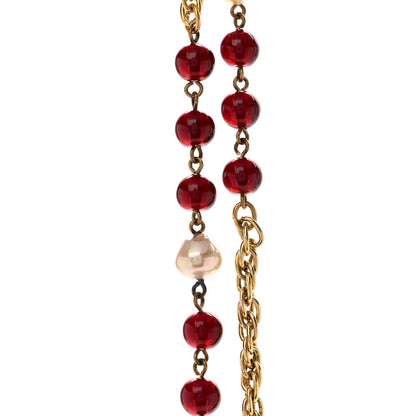 Chanel Beaded Pearl CC Long Strand Necklace Gold Red 4 of 6