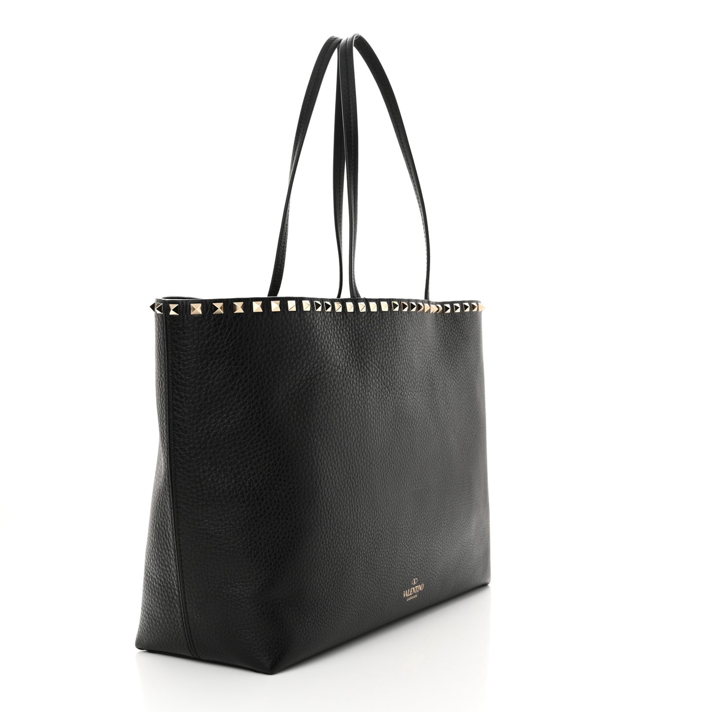 Grained Calfskin Rockstud Shoulder Tote Black