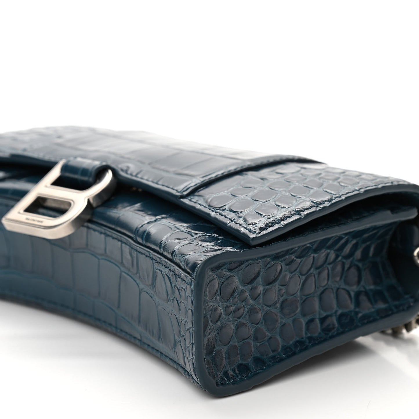 Shiny Calfskin Crocodile Embossed Hourglass Chain Bag Dark Petrol Blue