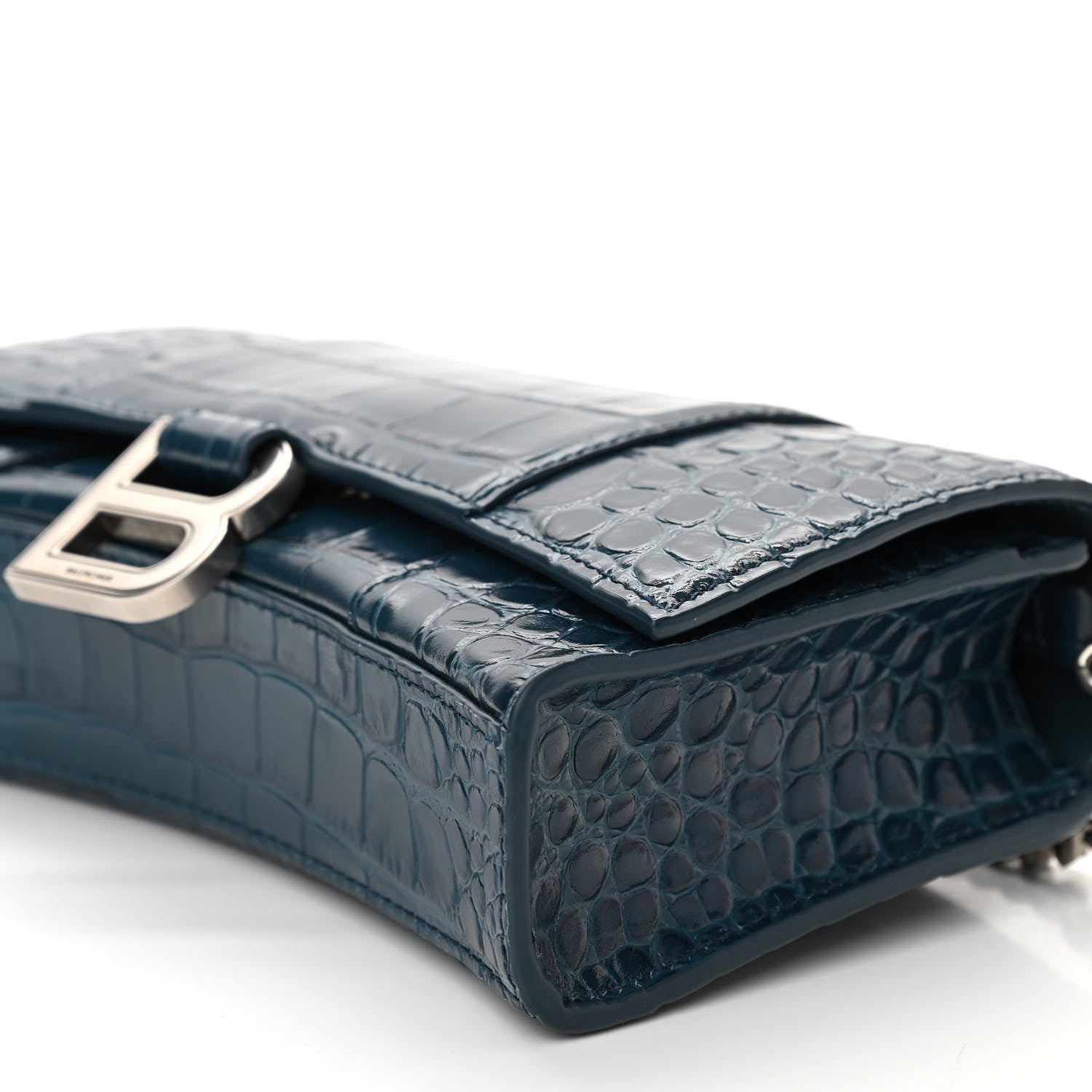 Balenciaga Shiny Calfskin Crocodile Embossed Hourglass Chain Bag Dark Petrol Blue 9 of 9