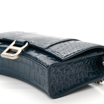 Balenciaga Shiny Calfskin Crocodile Embossed Hourglass Chain Bag Dark Petrol Blue 9 of 9