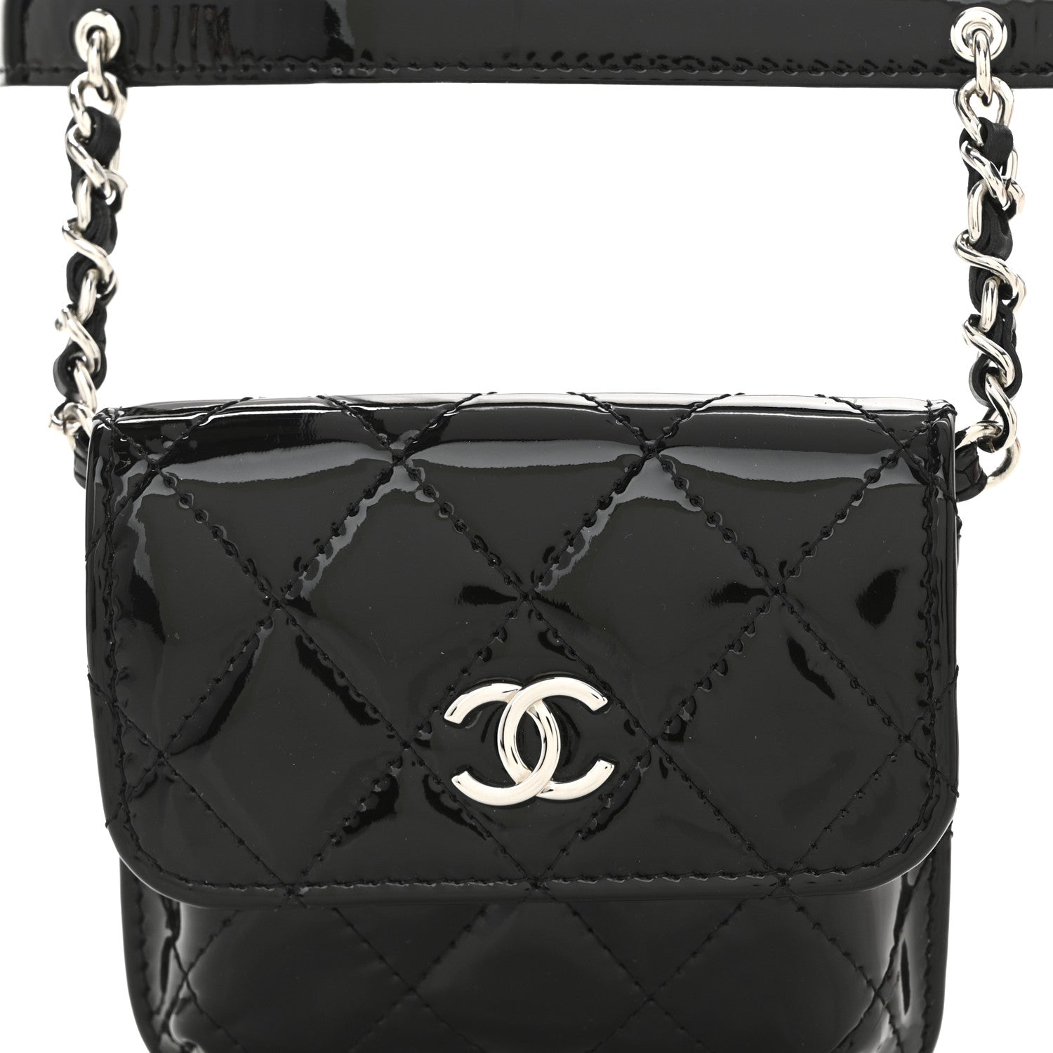 Chanel Patent Quilted Belt In Love Double Mini Flap Waist Bag Black Red 10 of 15