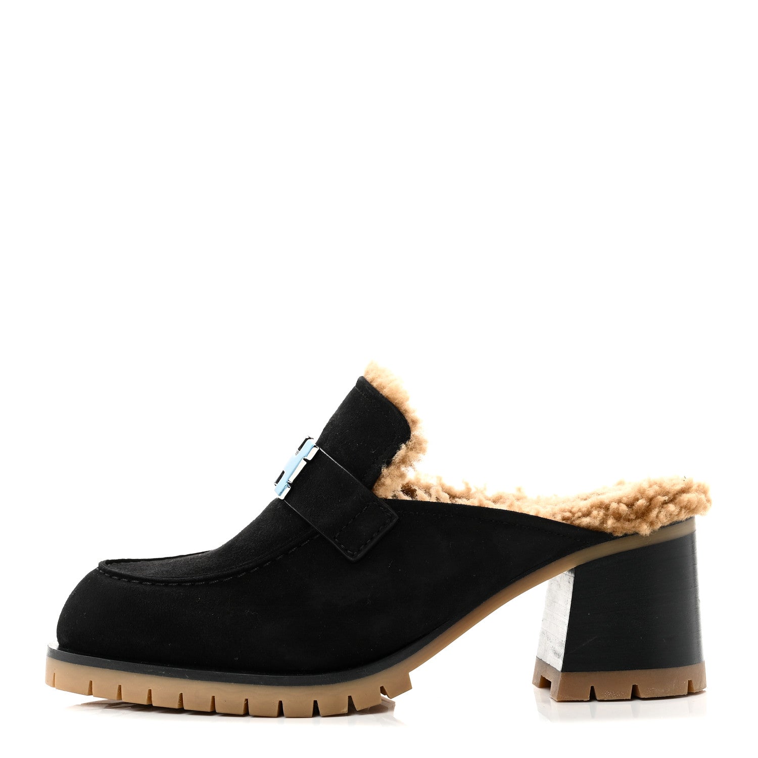 Hermes Suede Goatskin Woolskin Flore 60 Mules 36.5 Black Camel 1 of 10