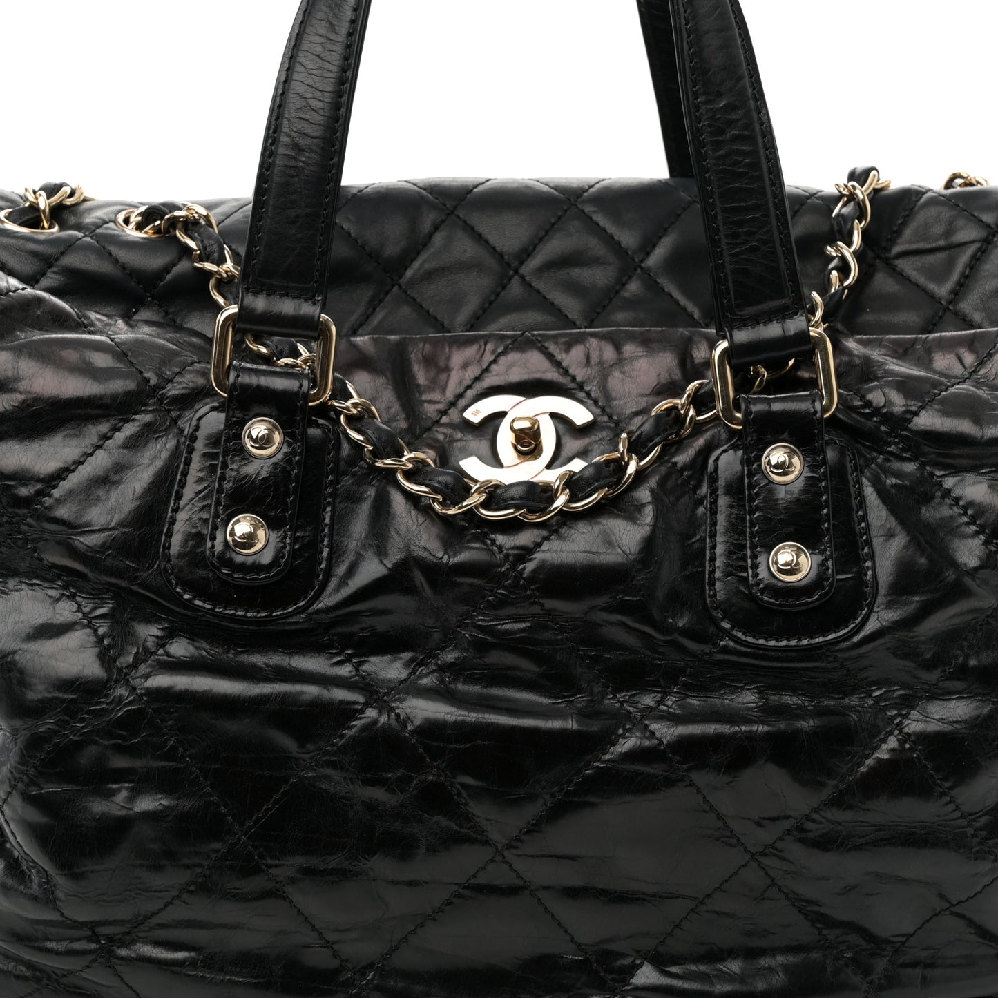 Glazed Calfskin Large Portobello Tote Black
