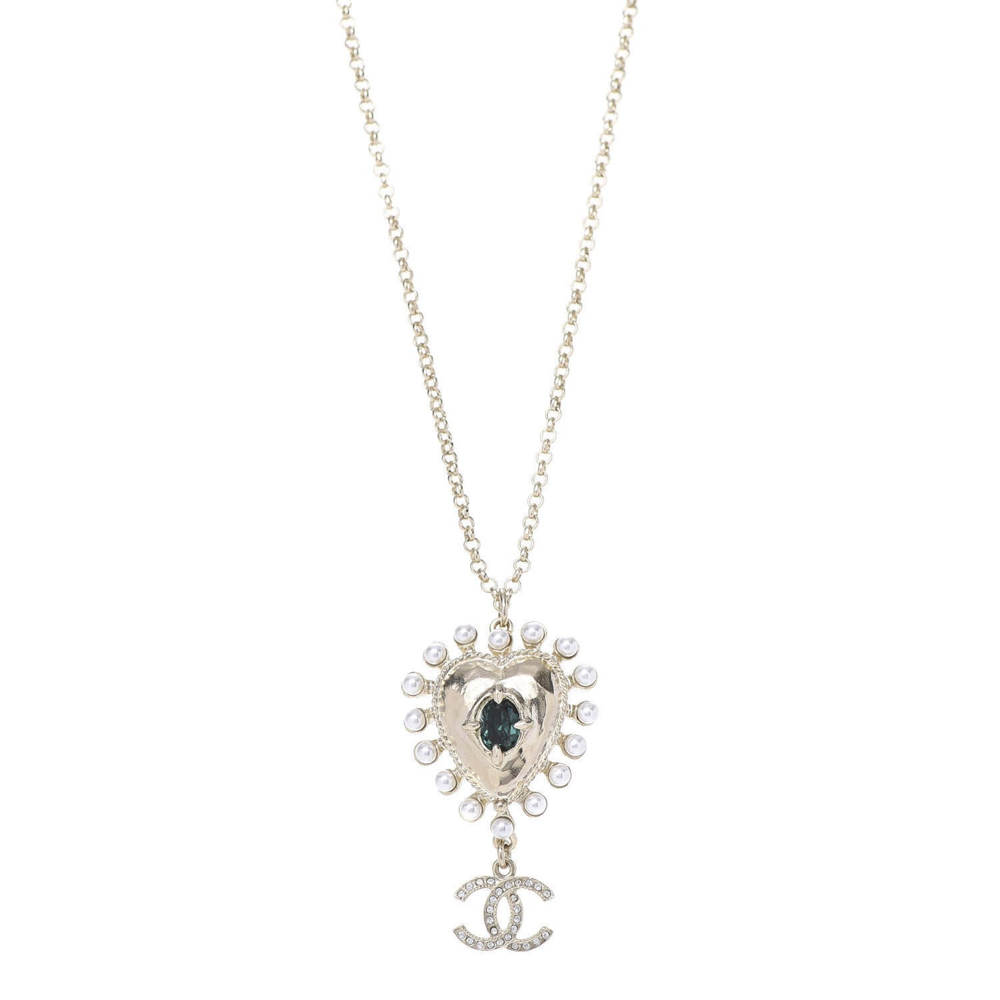 Pearl CC Chain Heart Medallion Necklace Gold