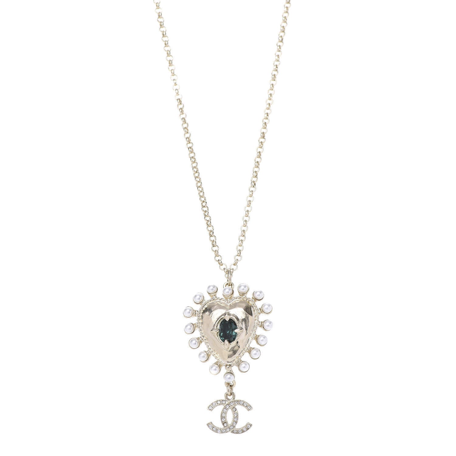 Chanel Pearl CC Chain Heart Medallion Necklace Gold 1 of 5