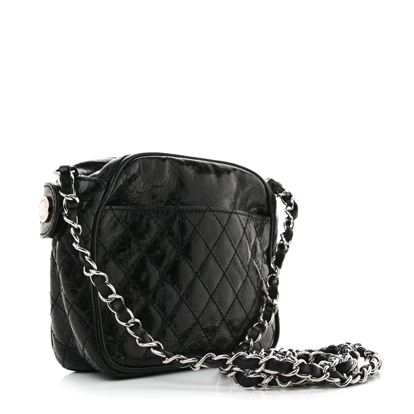 Glazed Crackled Calfskin Quilted CC Crossbody Black