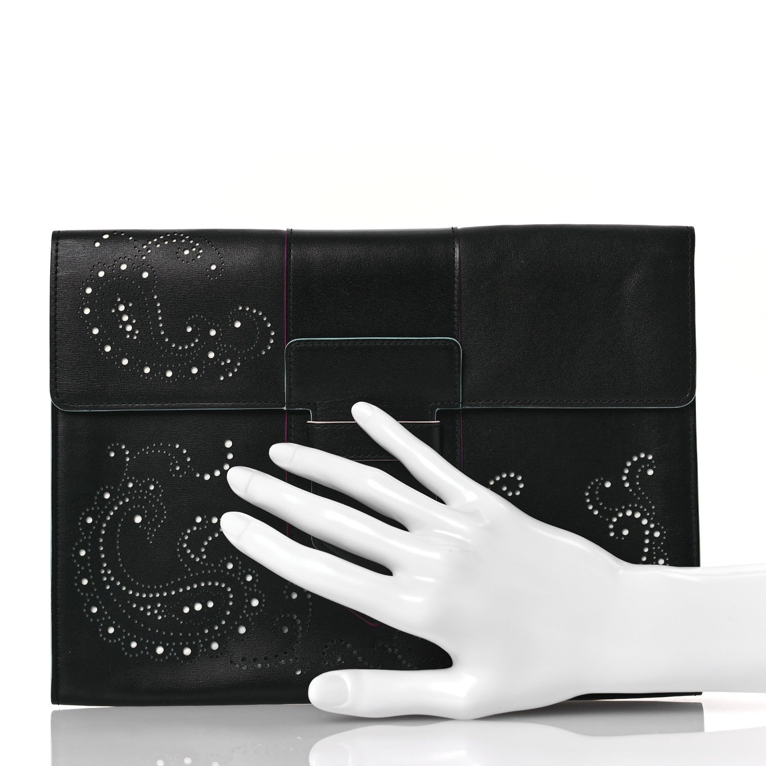 Delvaux Box Calfskin Perforated Paisley Presse Clutch Black 2 of 10