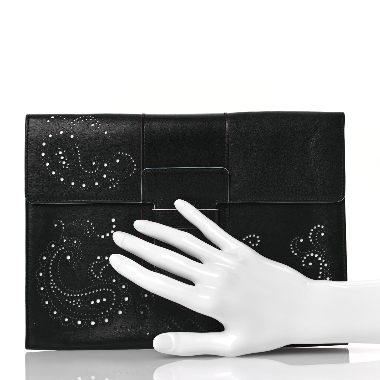 Box Calfskin Perforated Paisley Presse Clutch Black