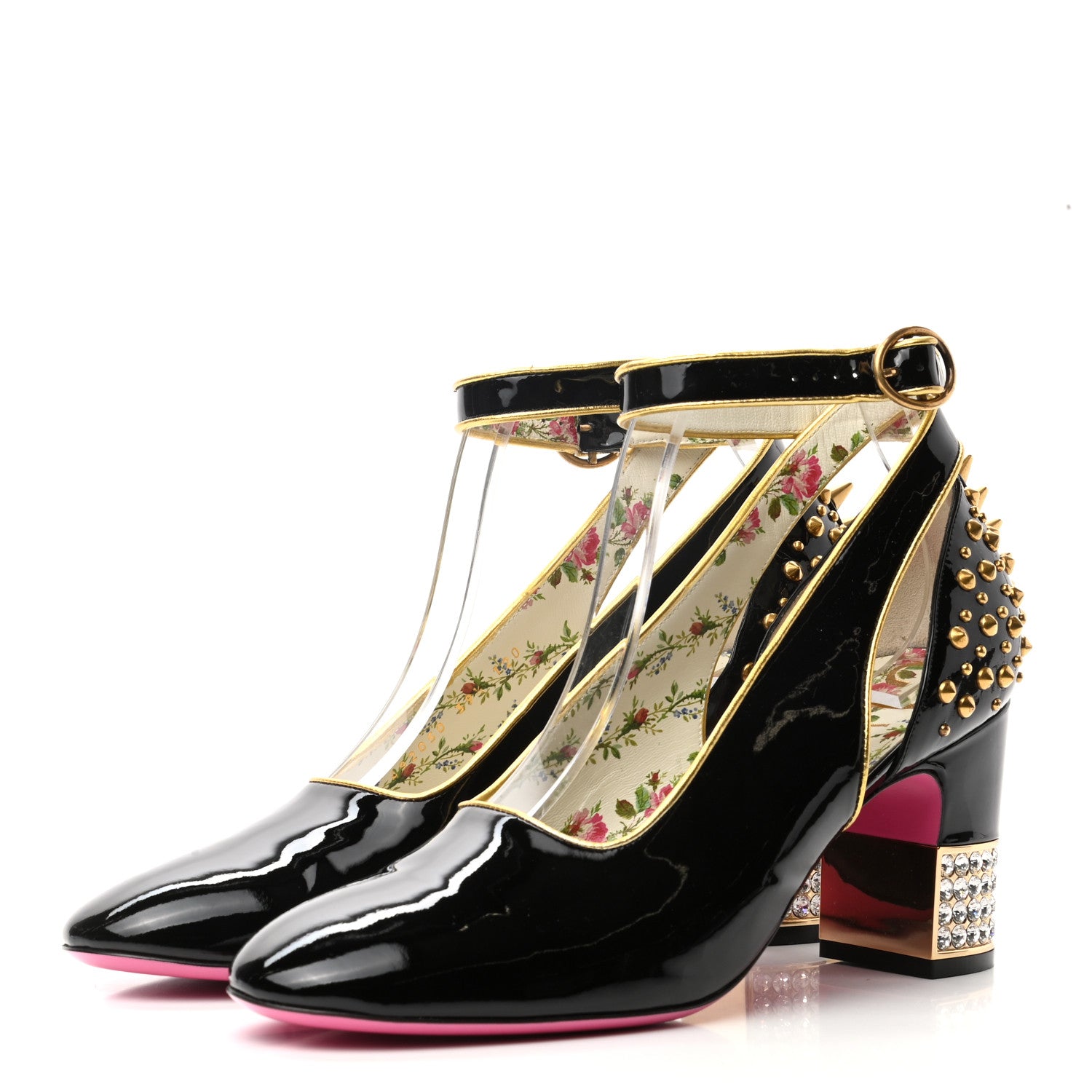 Gucci Patent Studded Crystal Block-Heel Pumps 39.5 Black Gold 3 of 9