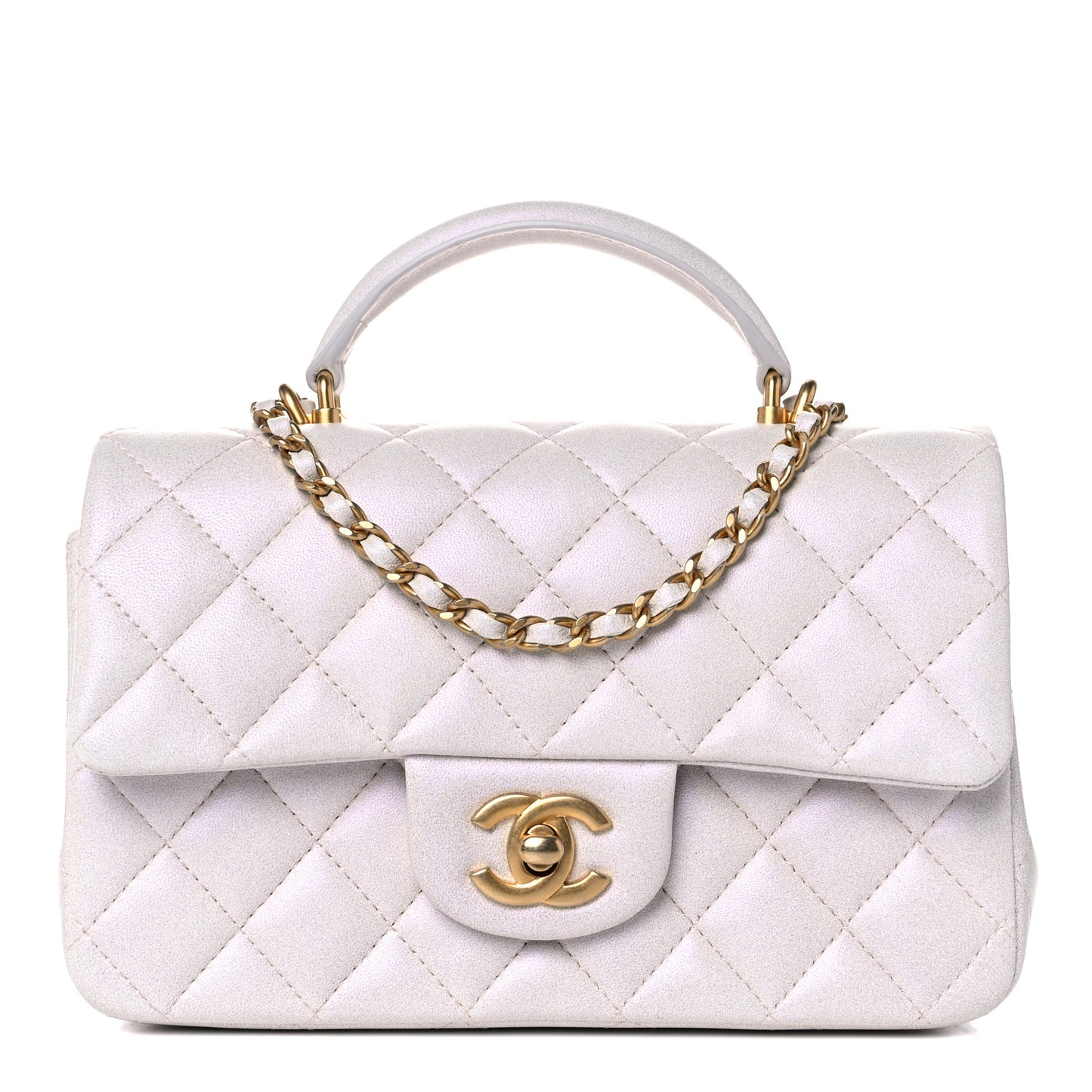 Iridescent Lambskin Quilted Mini Top Handle Rectangular Flap White