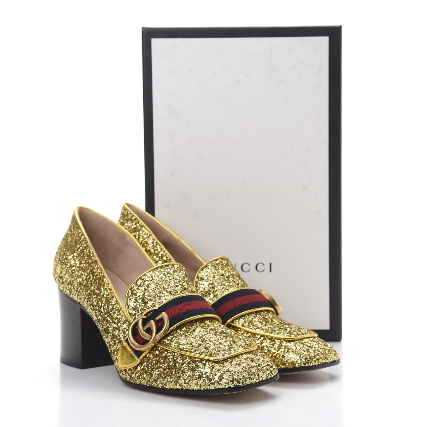 Glitter Nappa Web Peyton 75mm Loafer Pumps 40.5 Oro Vecchio