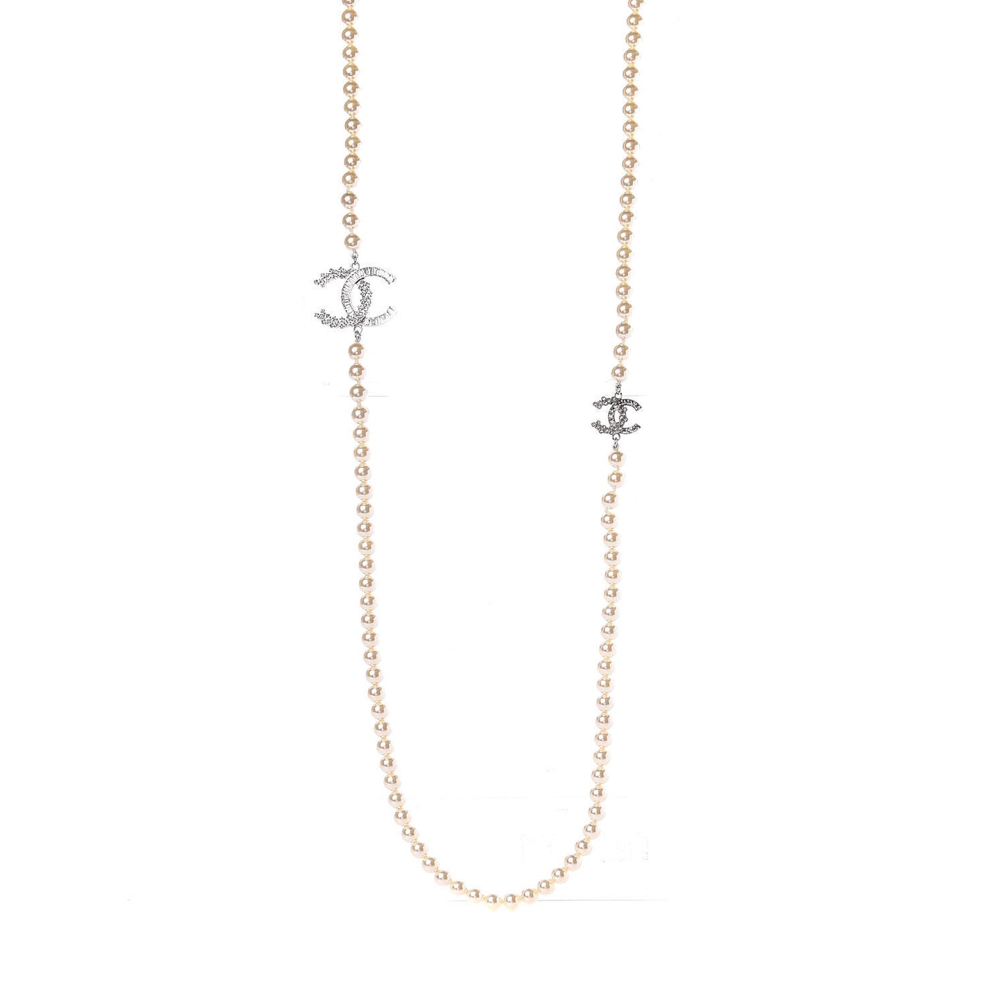 Pearl Baguette Crystal CC Long Necklace Silver