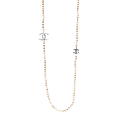 Chanel Pearl Baguette Crystal CC Long Necklace Silver 1 of 5