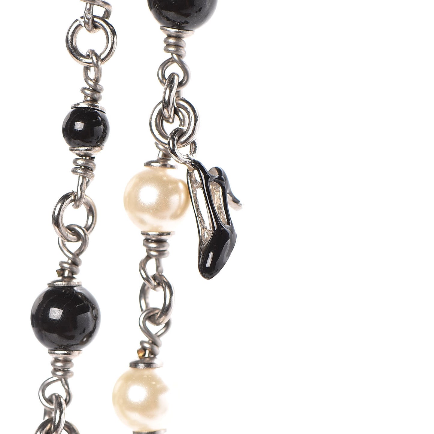 Pearl Beaded Enamel CC Coco Long Necklace Black Silver