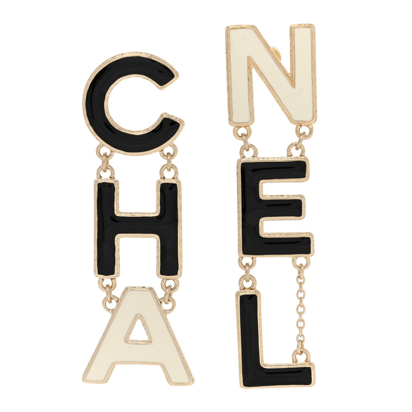 Metal Enamel Cha-Nel Logo Drop Earrings Black White