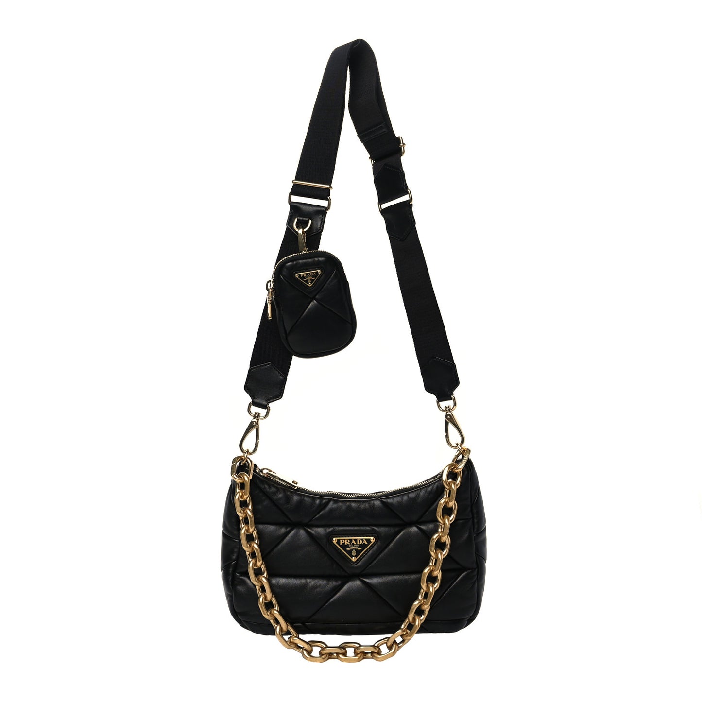 Nappa Re-Nylon Triangle Quilted Patchwork System Shoulder Bag Black