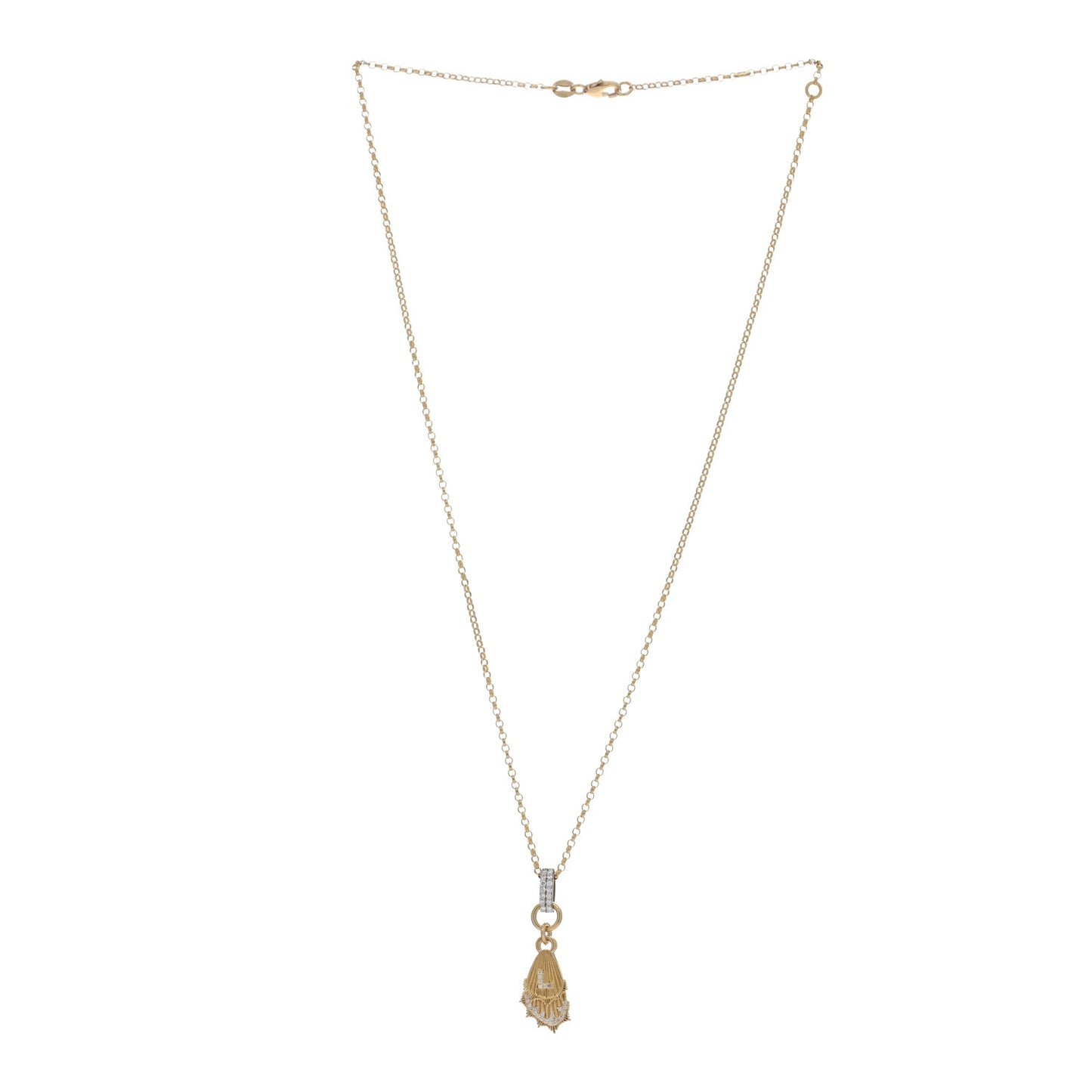 18K Yellow Gold Diamond Encrusted Butterfly Wings Initial L Miniature Medallion Necklace