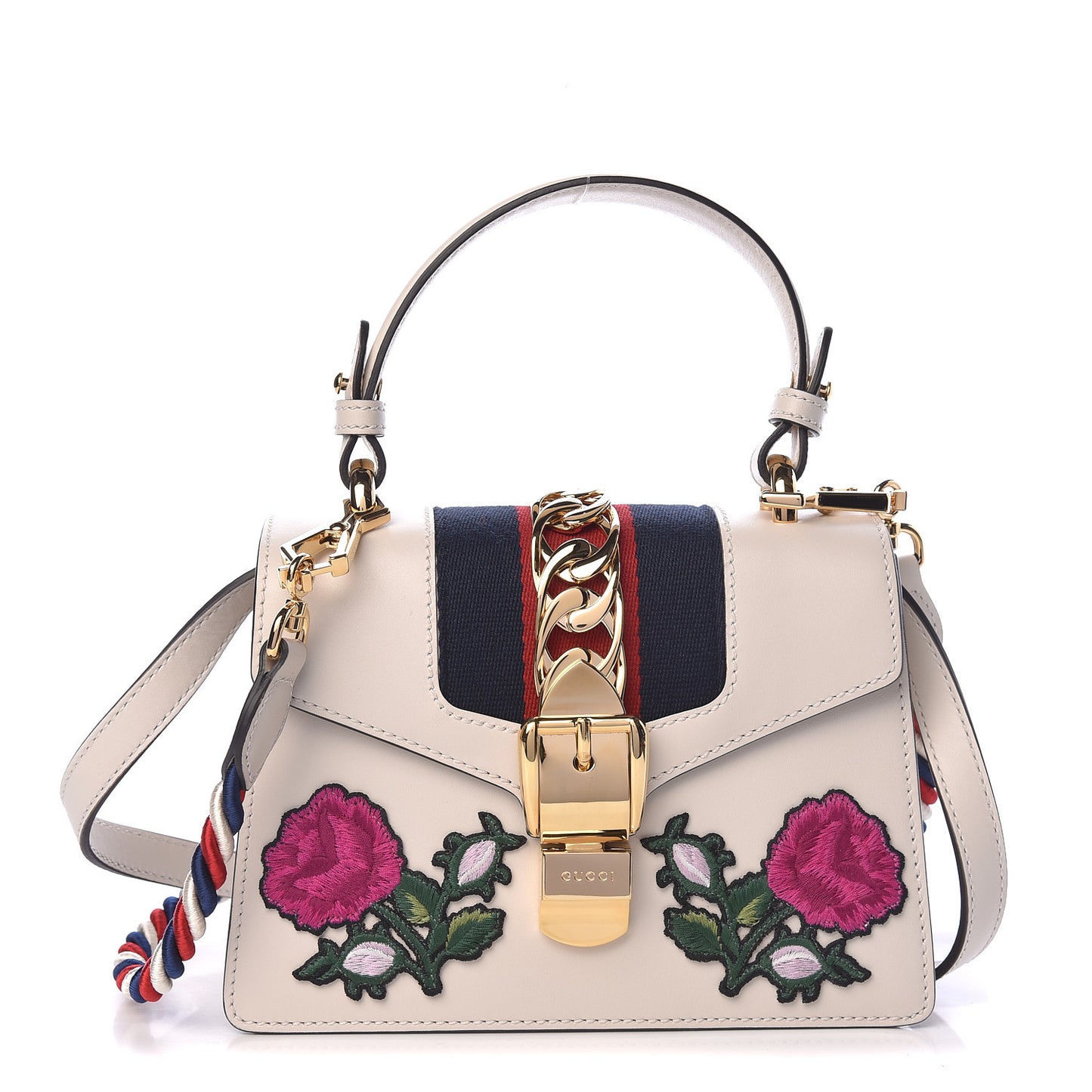 Calfskin Embroidered Mini Sylvie Top Handle Bag White