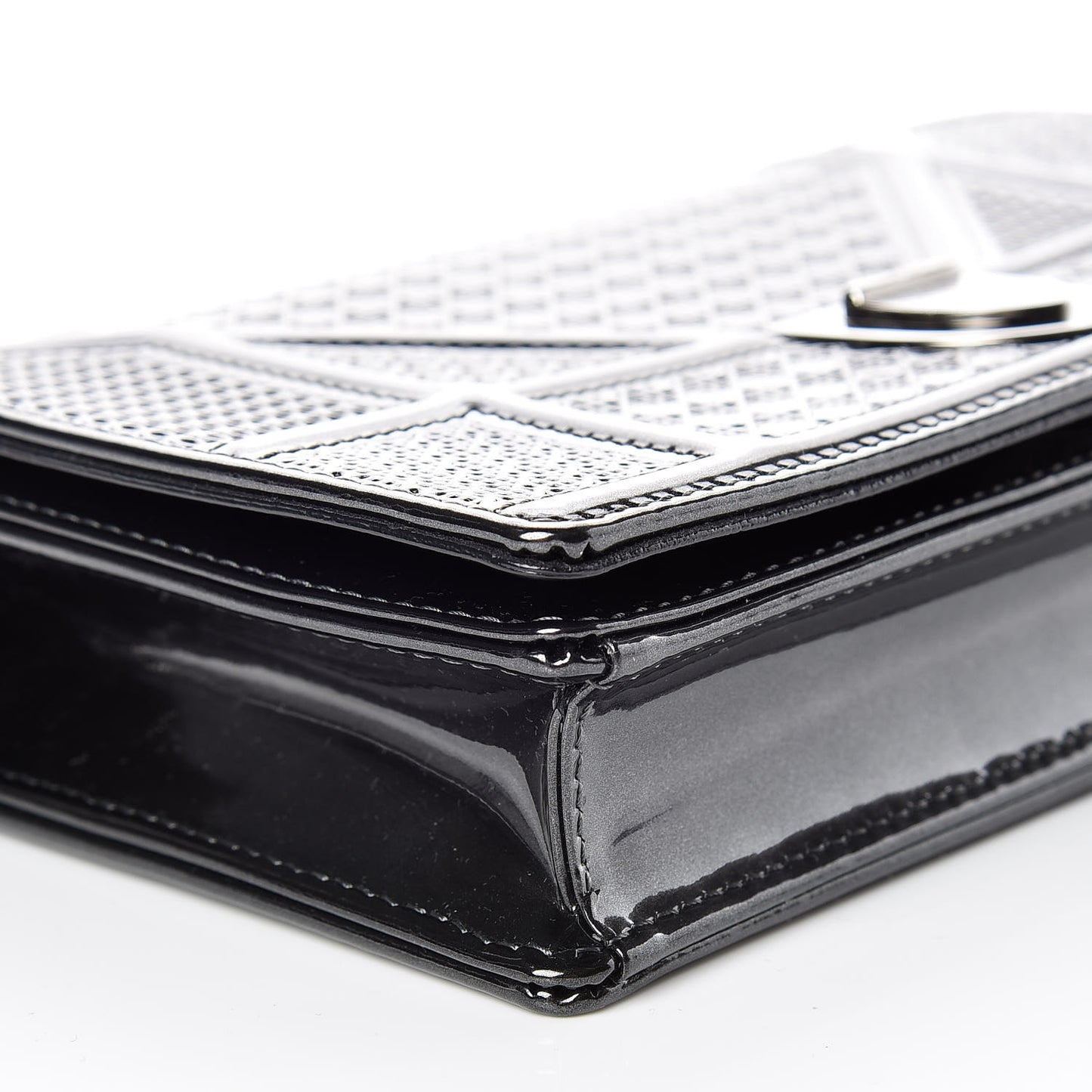 Metallic Patent Micro-Cannage Diorama Wallet on Chain Pouch Black
