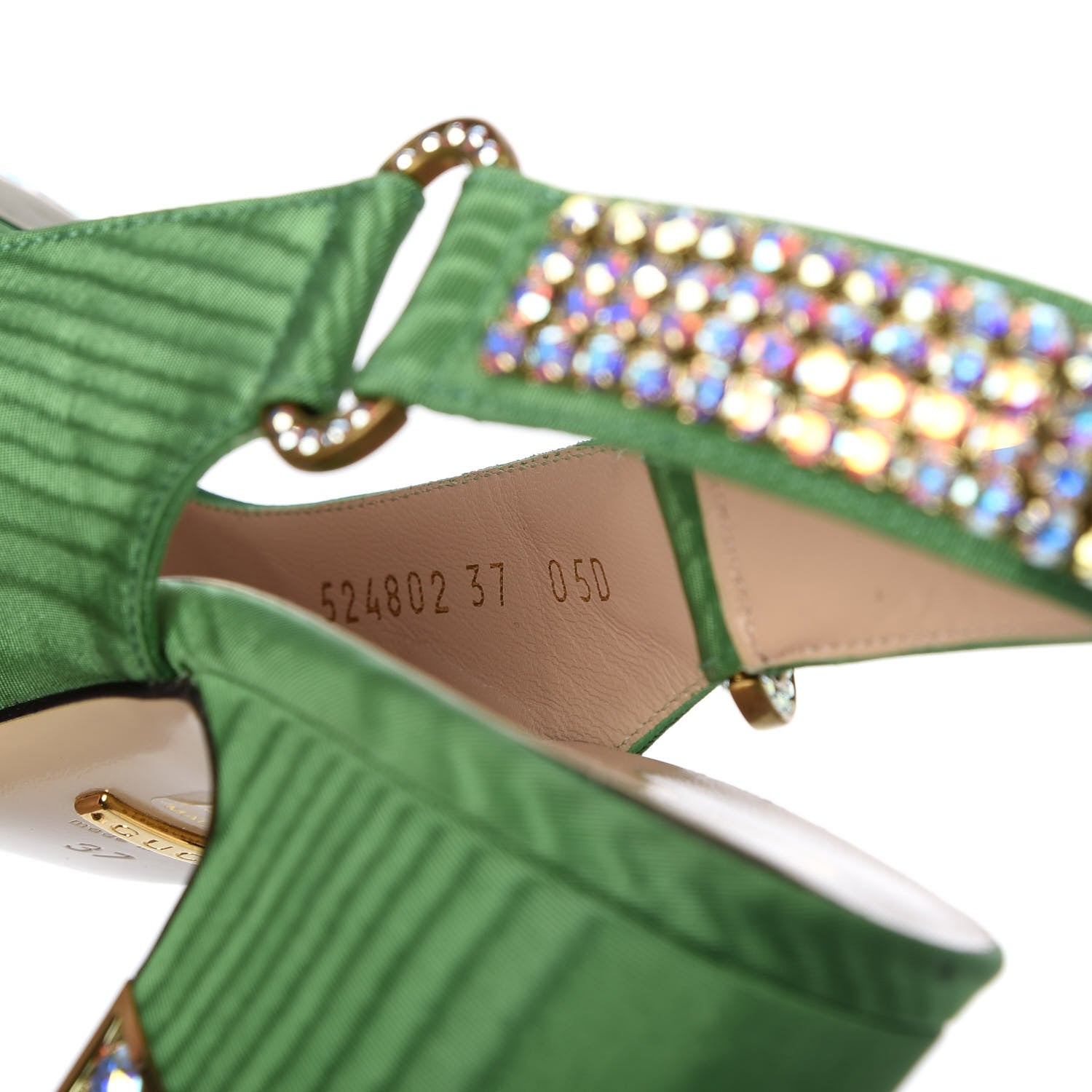 Gucci Moire Fabric Crystal Square G Madelyn Slingbacks 37 New Shamarock 9 of 10