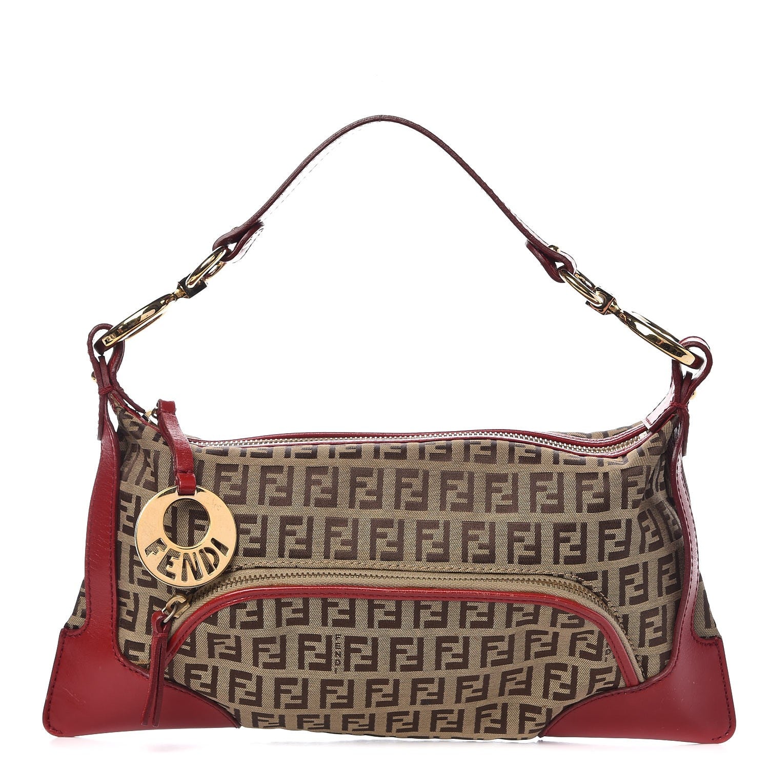Fendi Zucchino Cuoio Small Chef Pocket Shoulder Bag Mogano Panna Rosso 1 of 10