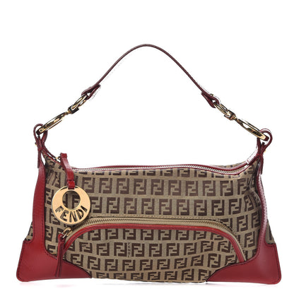 Fendi Zucchino Cuoio Small Chef Pocket Shoulder Bag Mogano Panna Rosso 1 of 10