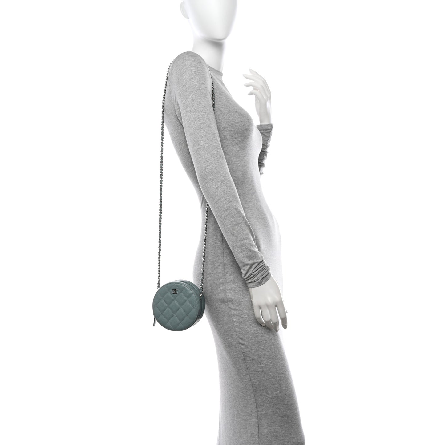 Caviar Quilted Round Clutch With Chain Light Blue