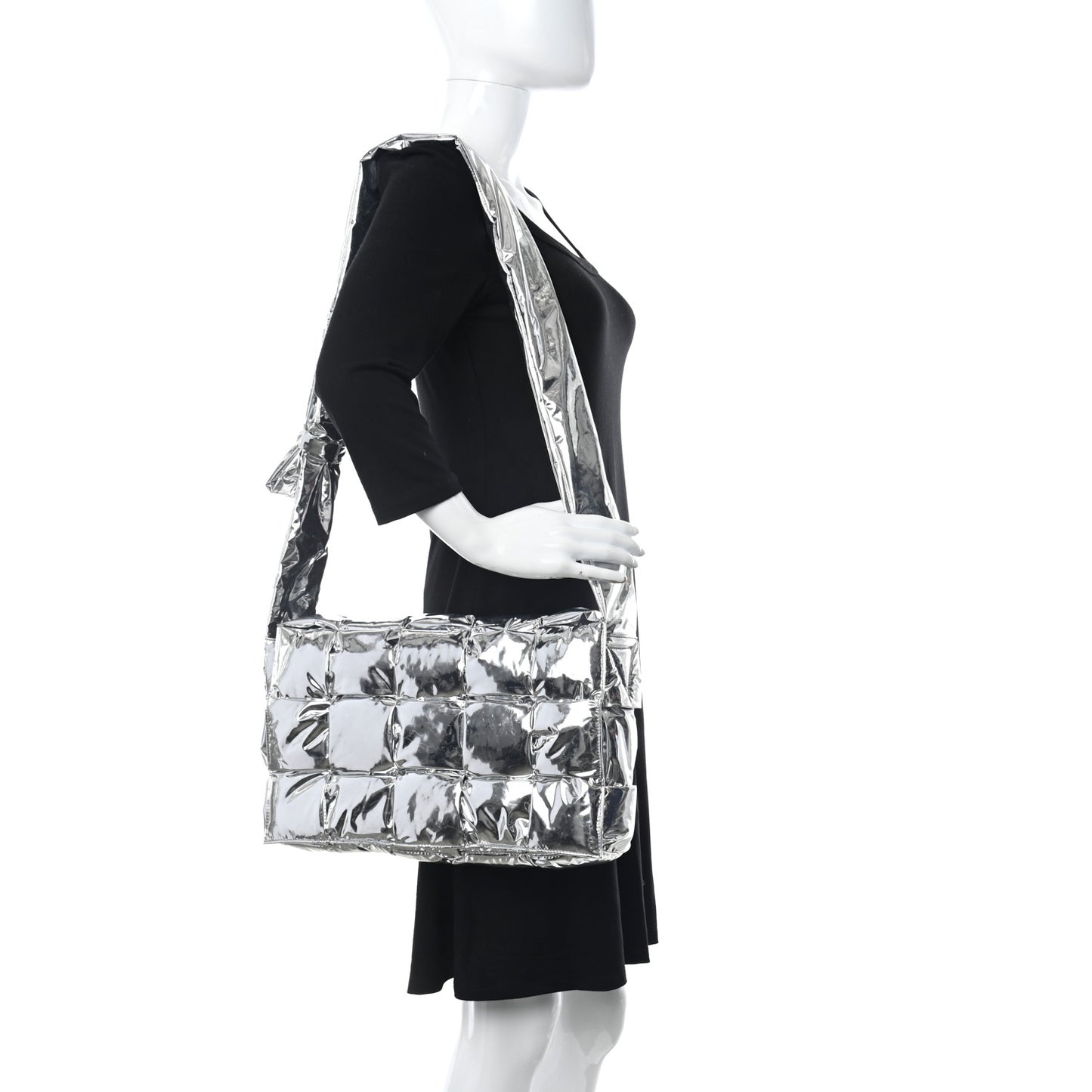 Metallic Calfskin Maxi Intrecciato Padded Cassette Crossbody Bag Silver