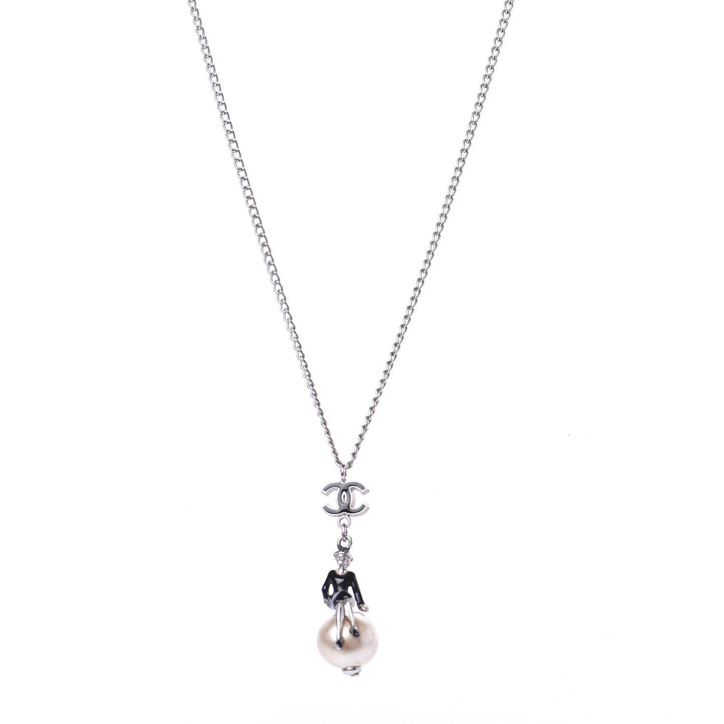 Enamel Pearl Coco Over The Moon Pendant Necklace Black Silver