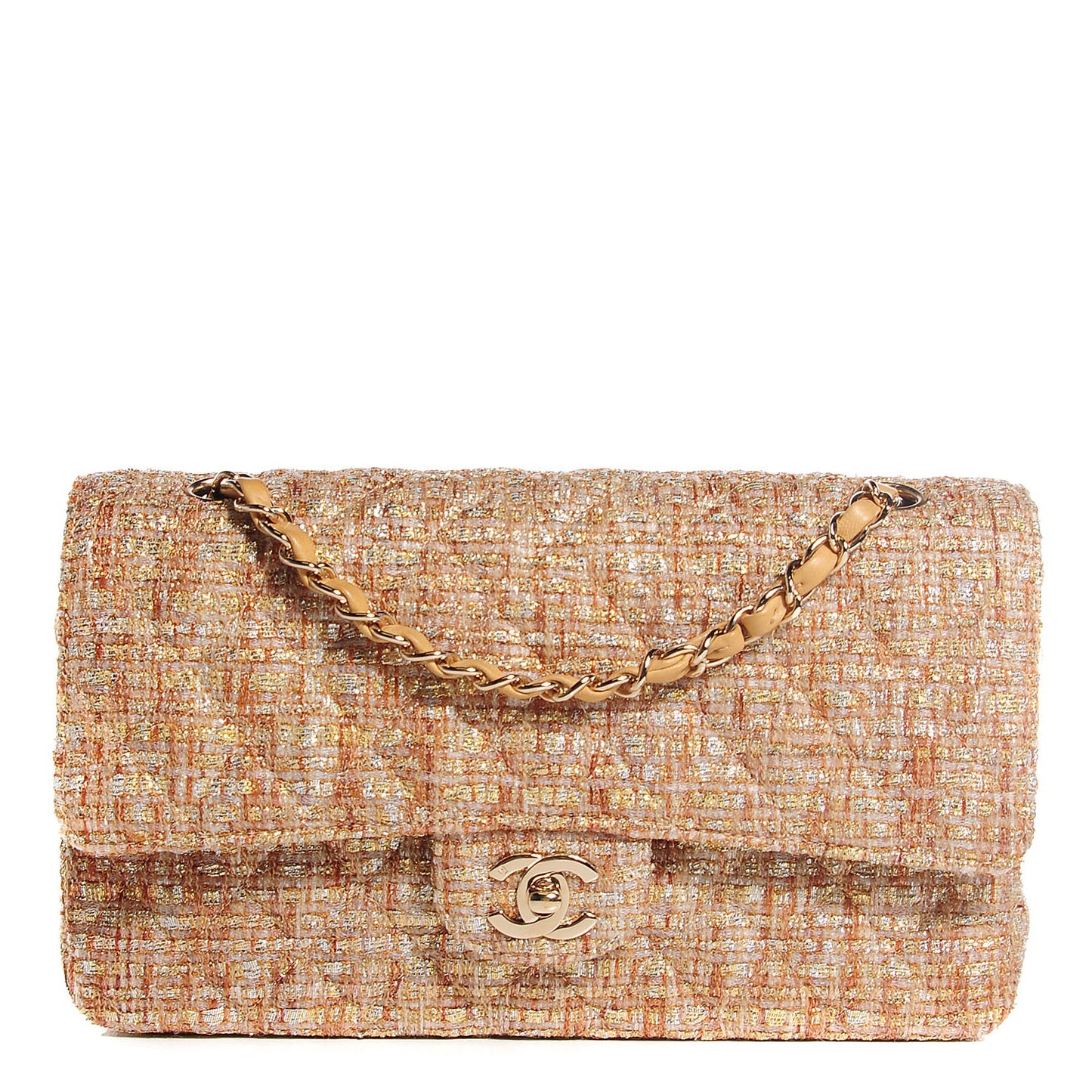 Tweed Quilted Medium Double Flap Brown Gold