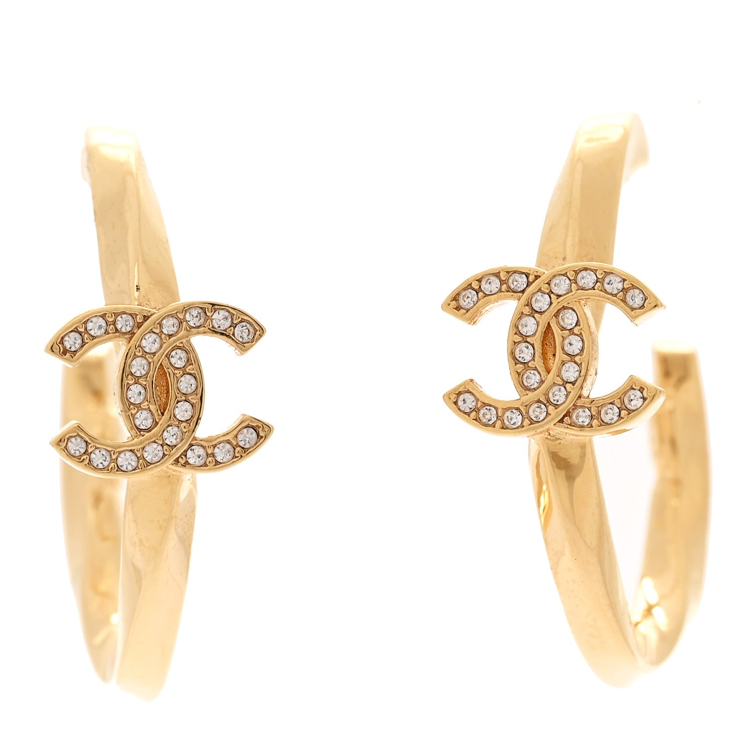 Chanel Metal Crystal Studded CC Hoop Earrings Gold 1 of 5