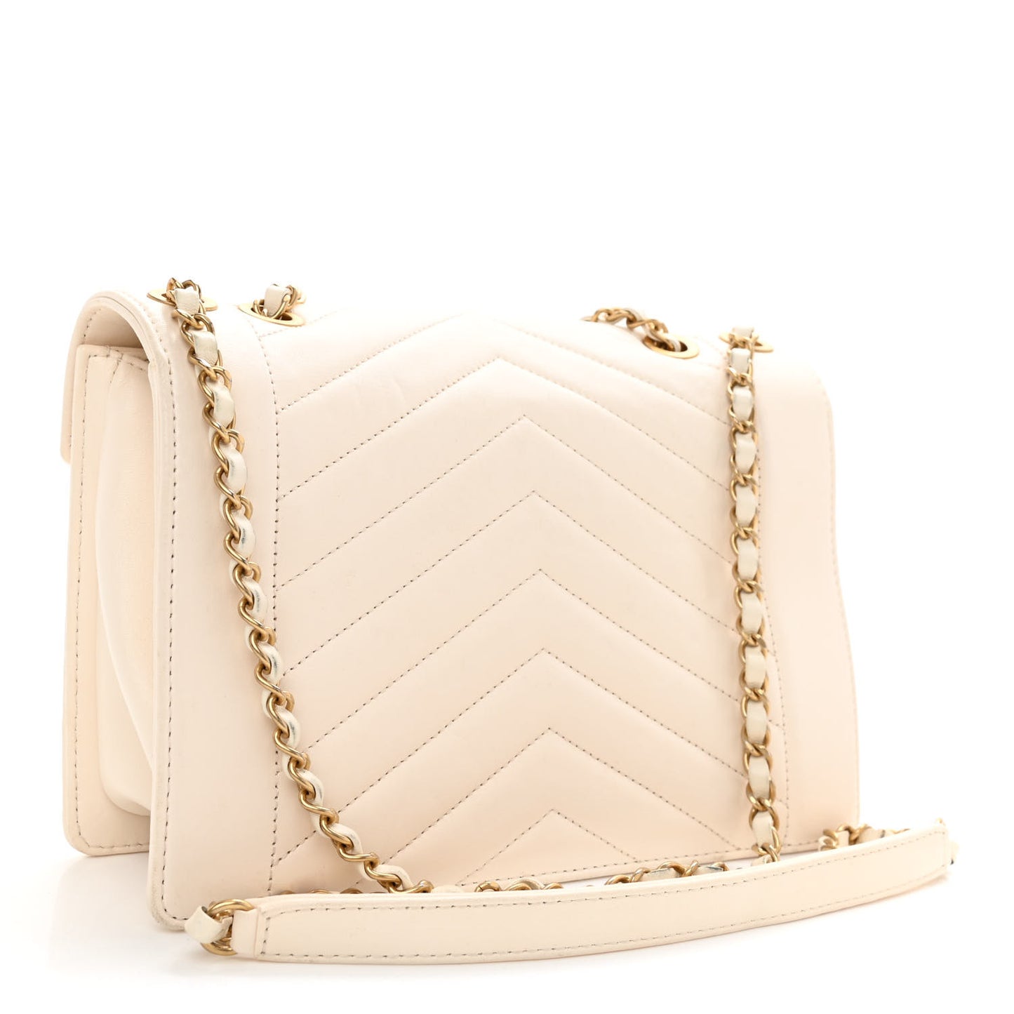 Lambskin Reversed Chevron Quilted Flap White
