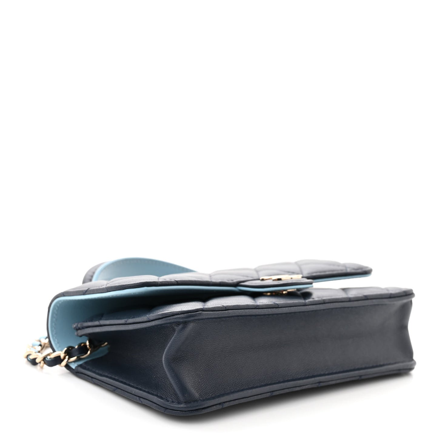 Lambskin Quilted Flap Phone Holder With Chain Dark Blue Light Blue