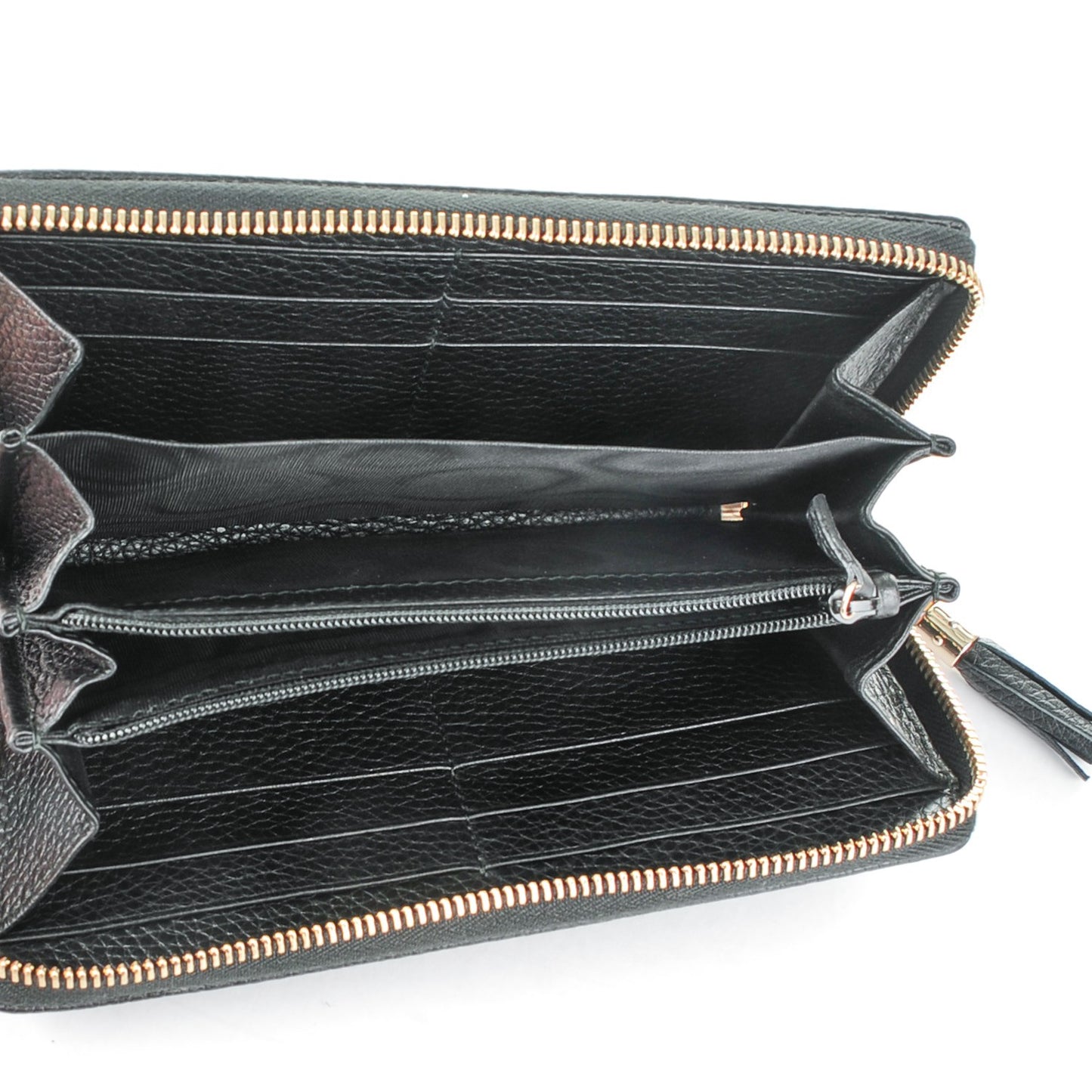 Pebbled Calfskin Bamboo Tassel Zip Around Wallet Black