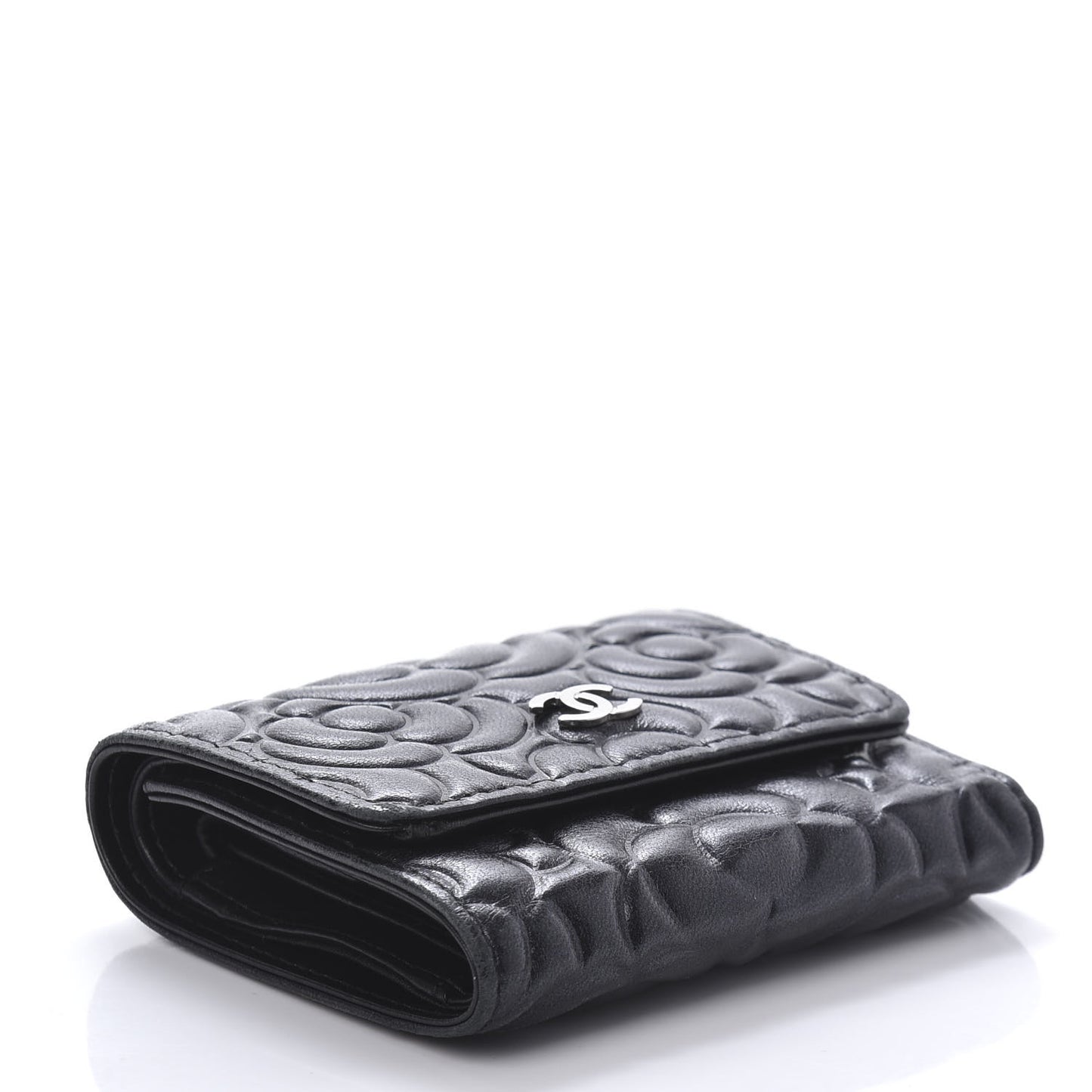 Goatskin Camellia Embossed Compact Wallet Black