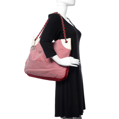 Chanel Striped Canvas Logo Tote Red 3 of 11
