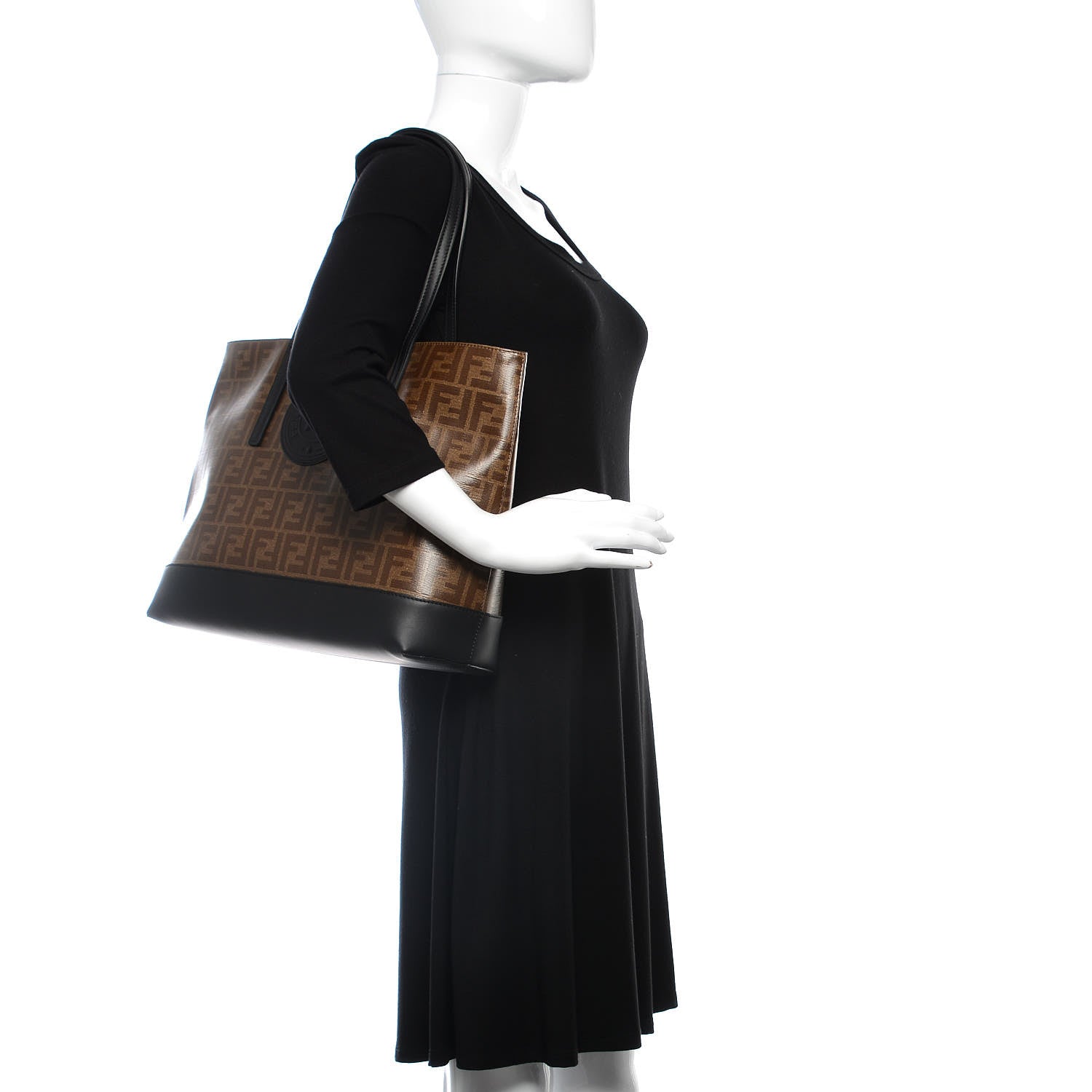 Fendi Glazed Fabric Vitello Century FF 1974 Stamp Patch Shopping Tote Mogano Panna Black 2 of 14