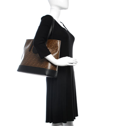 Fendi Glazed Fabric Vitello Century FF 1974 Stamp Patch Shopping Tote Mogano Panna Black 2 of 14