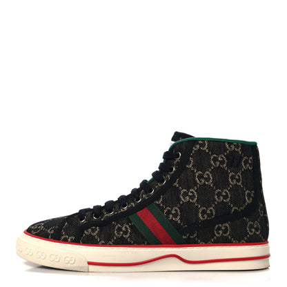 Gucci New Denim GG Monogram Web Mens 1977 Tennis High Top Sneakers 7.5 Black Ivory 1 of 9