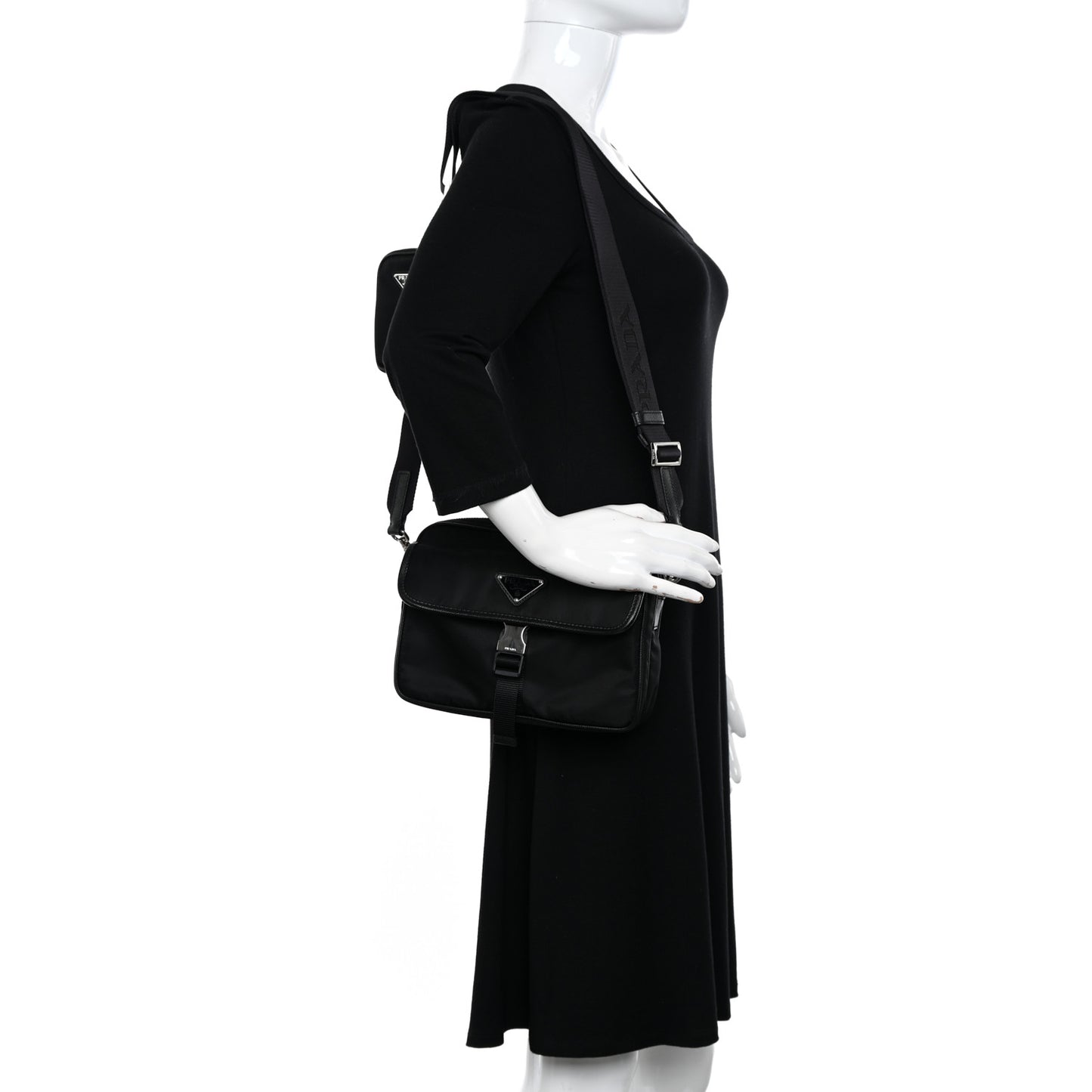Re-Nylon Saffiano Pocket Single Snap Buckle Shoulder Bag Black
