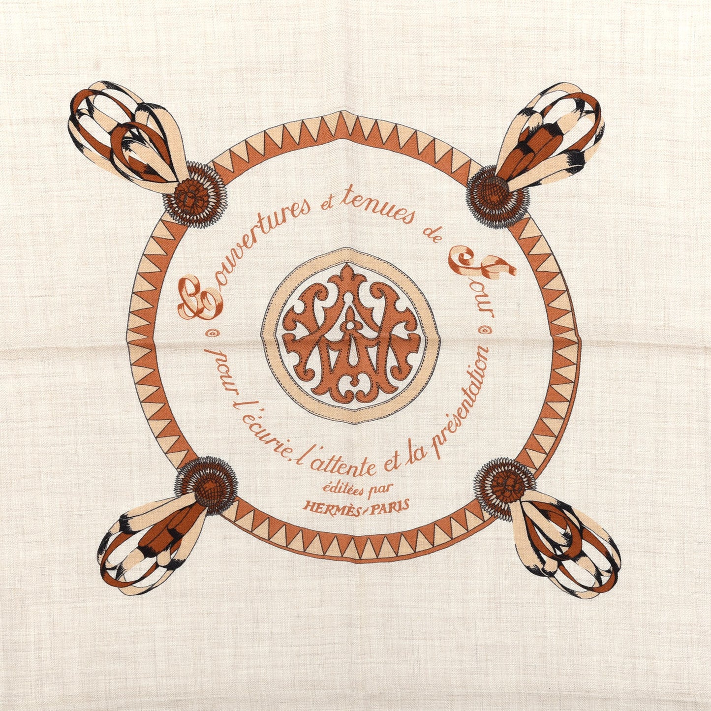 Cashmere Silk Encadre Blason Scarf 90 Naturel Chocolat Caramel