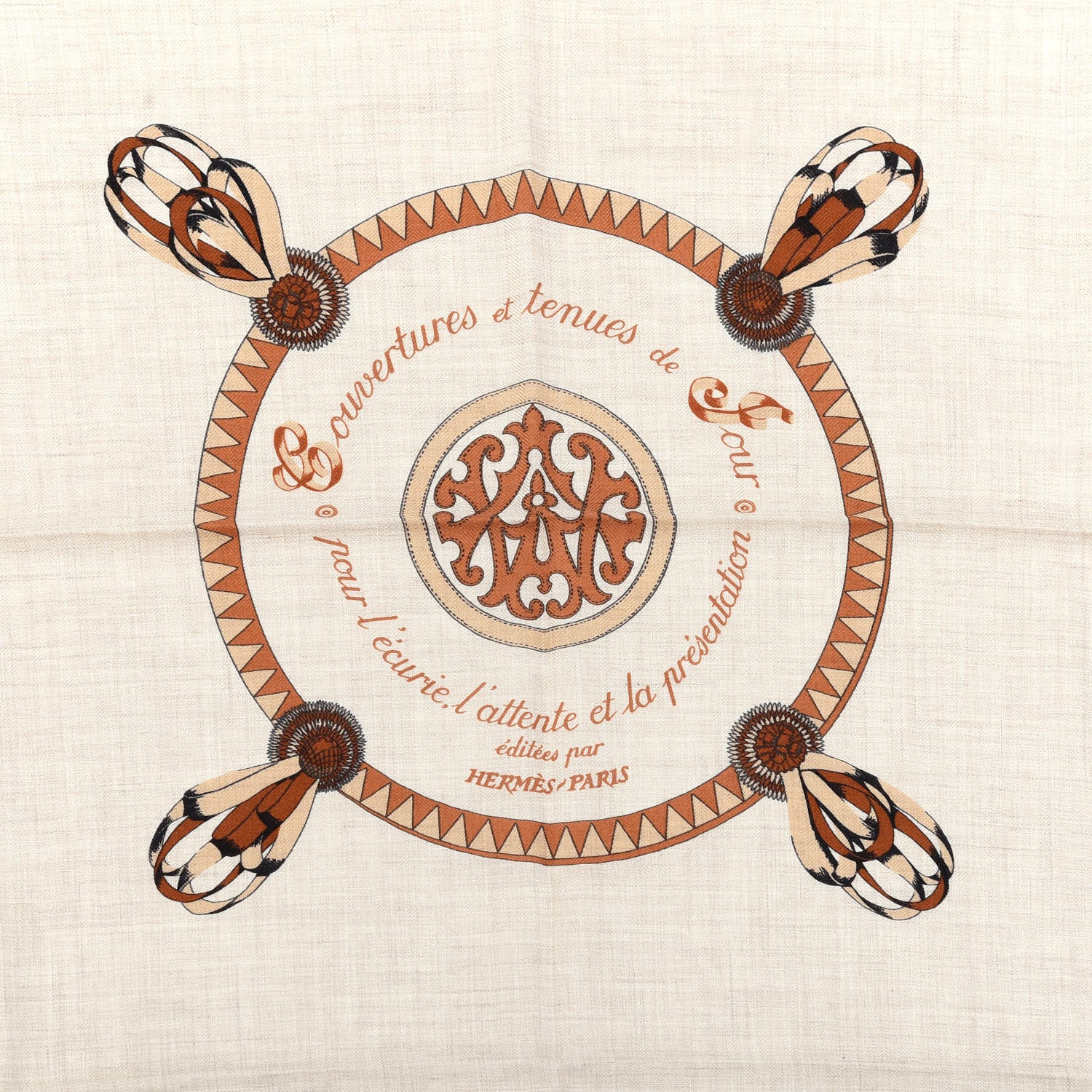 Hermes Cashmere Silk Encadre Blason Scarf 90 Naturel Chocolat Caramel 2 of 4