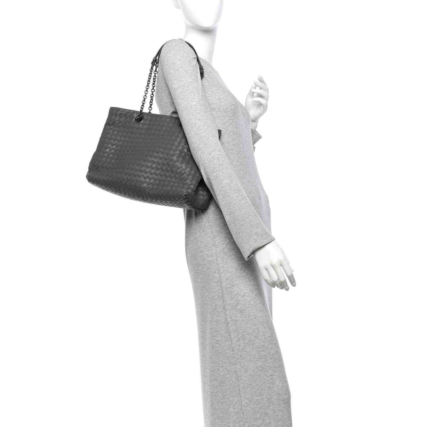 Nappa Intrecciato Medium Classic Chain Strap Tote Dark Grey