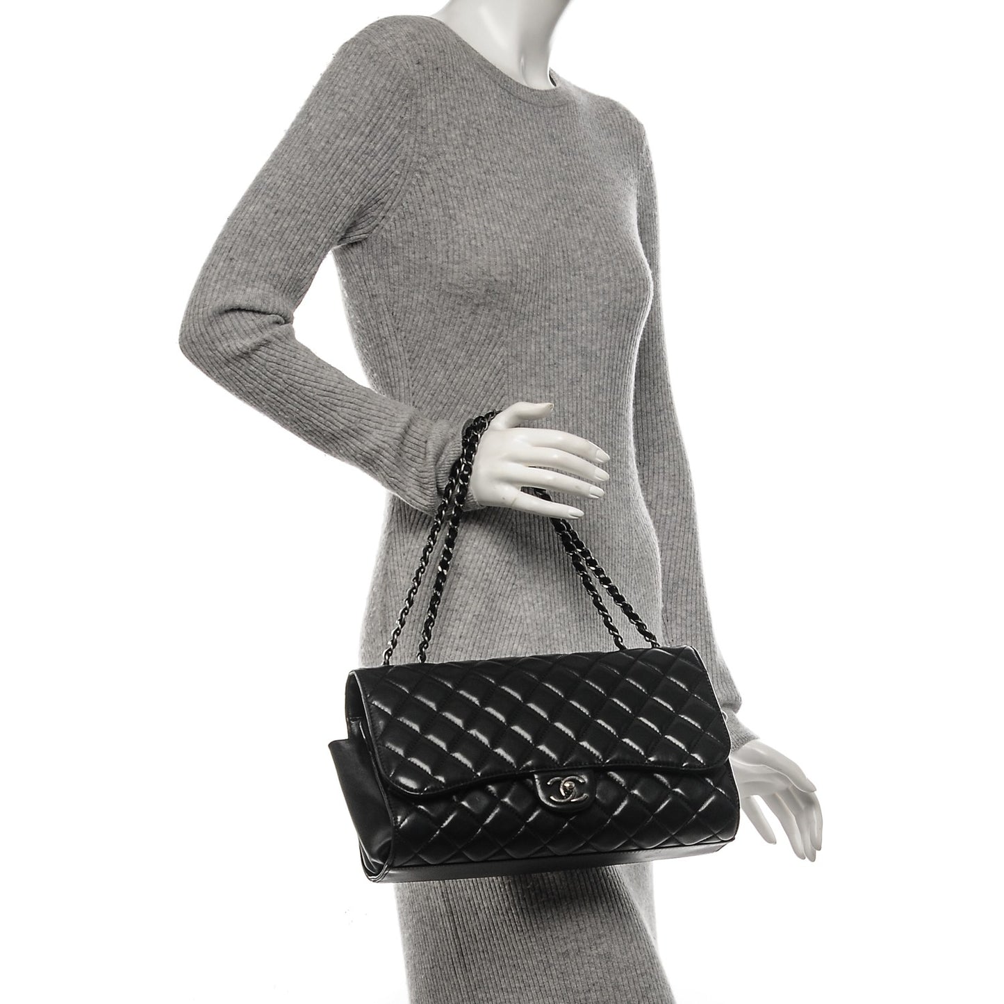 Lambskin Quilted Jumbo Grocery By Chanel Drawstring Shopping Bag Black