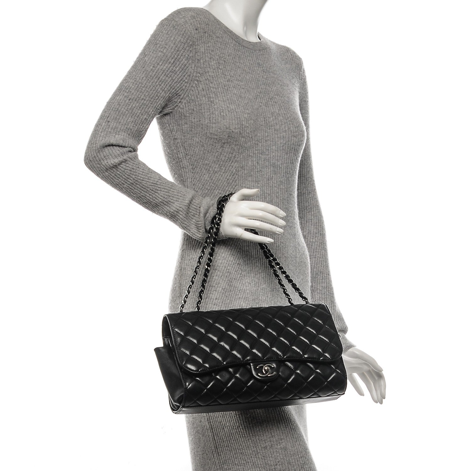 Chanel Lambskin Quilted Jumbo Grocery By Chanel Drawstring Shopping Bag Black 2 of 8