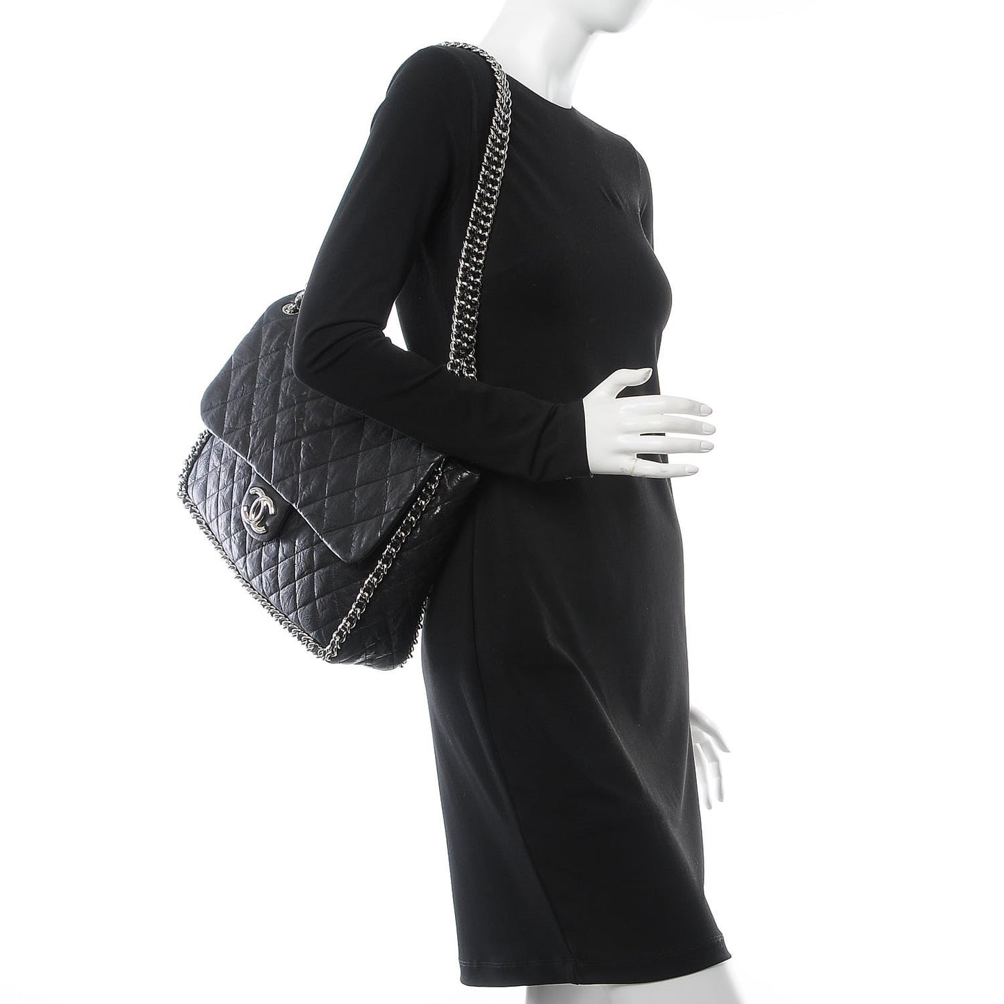 Washed Lambskin Quilted Maxi Chain Around Flap Black