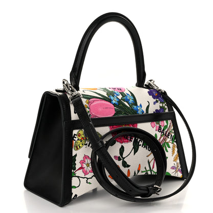 Balenciaga X GUCCI Canvas Boarded Plutone Calfskin Flora Logo Print Small Hourglass Top Handle Bag White Multicolor Black 3 of 9