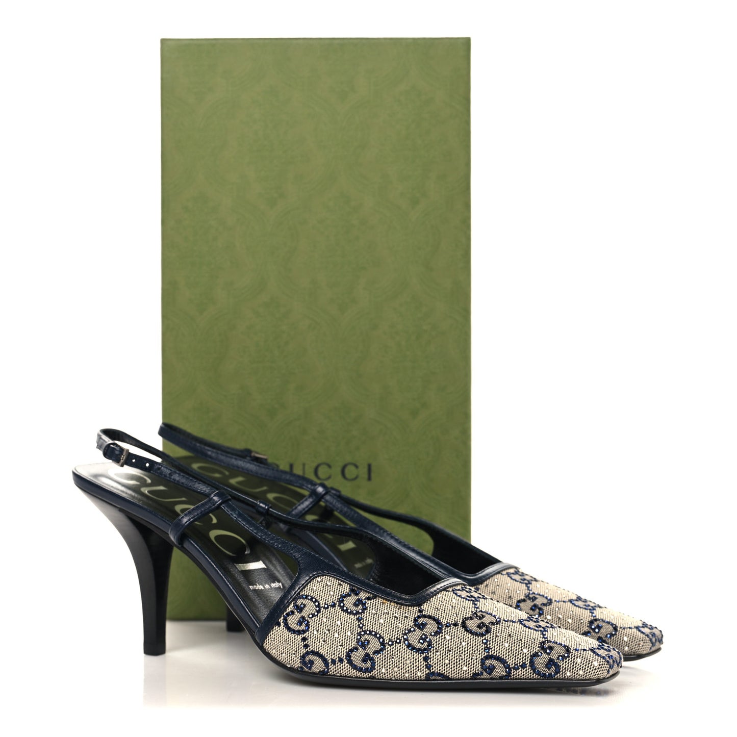 GG Monogram Malaga Kid Crystal Square G 75mm Slingback Pumps 40 Beige Blue