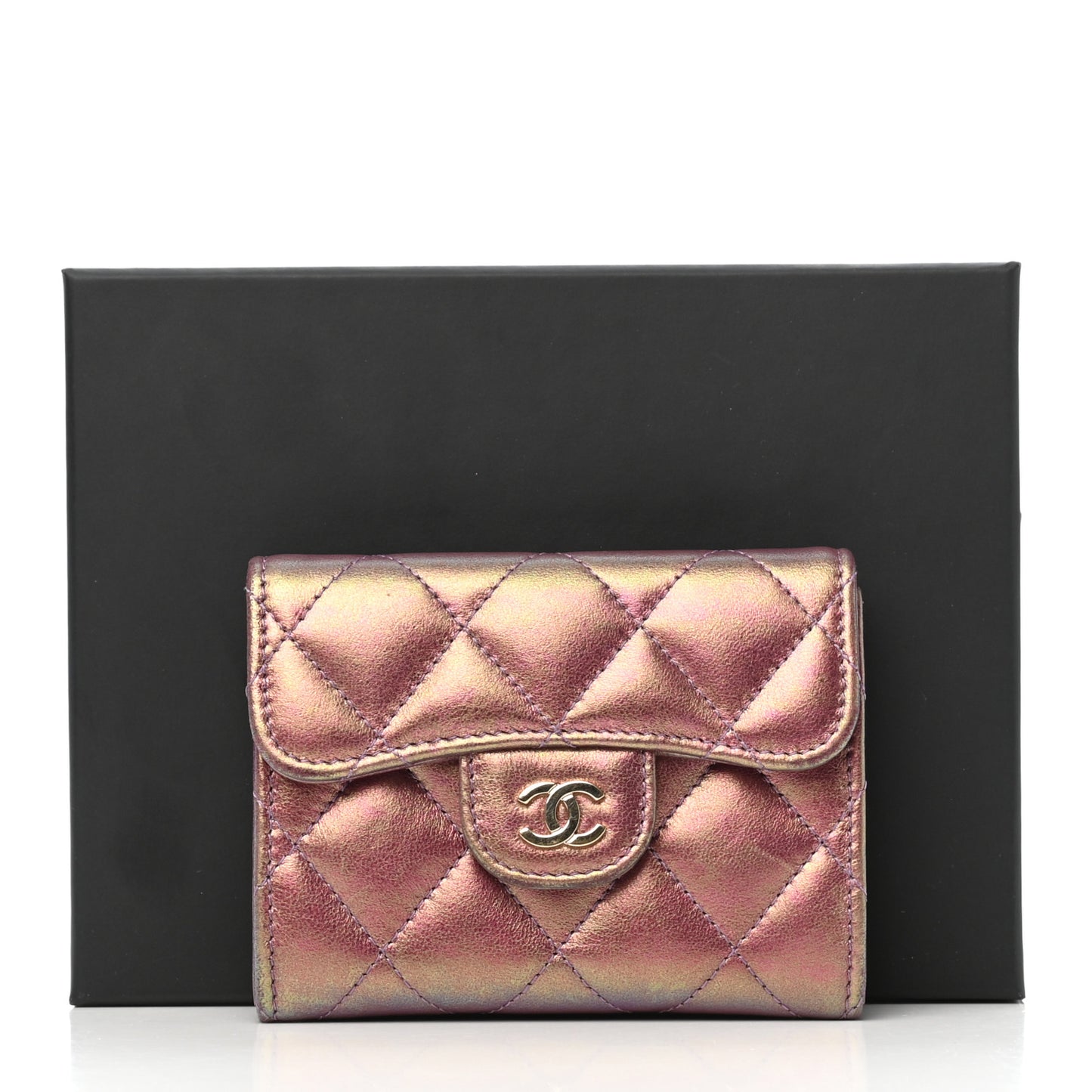 Iridescent Lambskin Quilted Flap Card Holder Wallet Purple